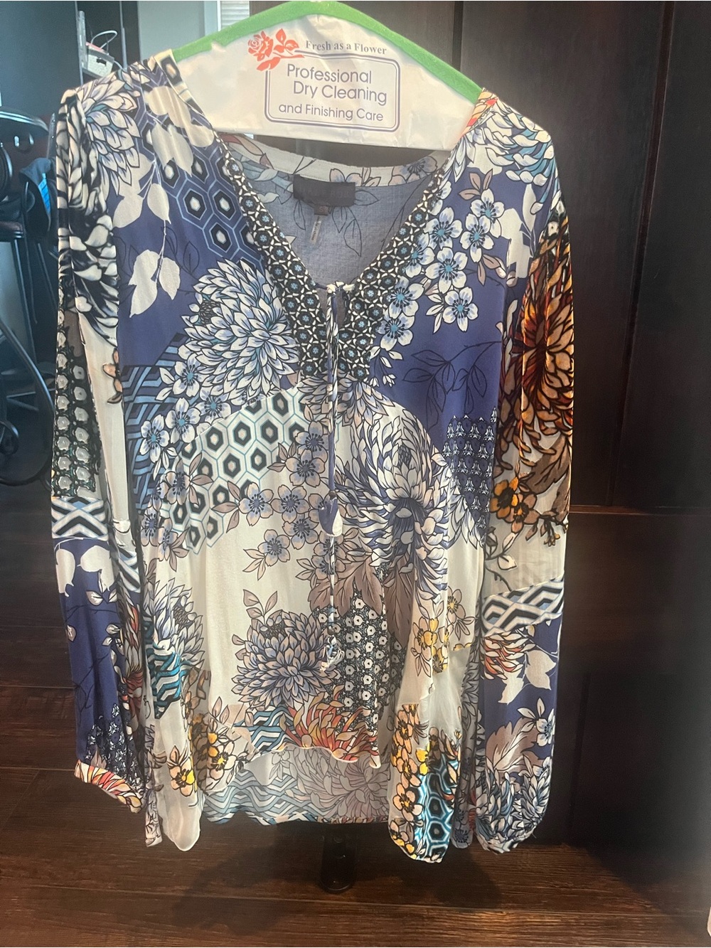 Hale Bob Mixed Floral V-Neck Long Sleeve Top - Blue, Cream & Brown